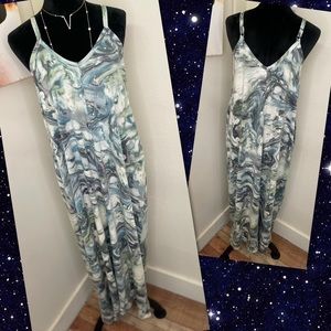 Zenana Blue Soft French Terry Printed V-neck Cami Maxi Dress with Side Pockets